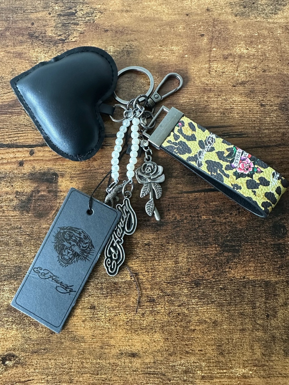 Ed Hardy Black Heart Bag Charm Keychain Faux Leather Heart & Metal Charms NWT